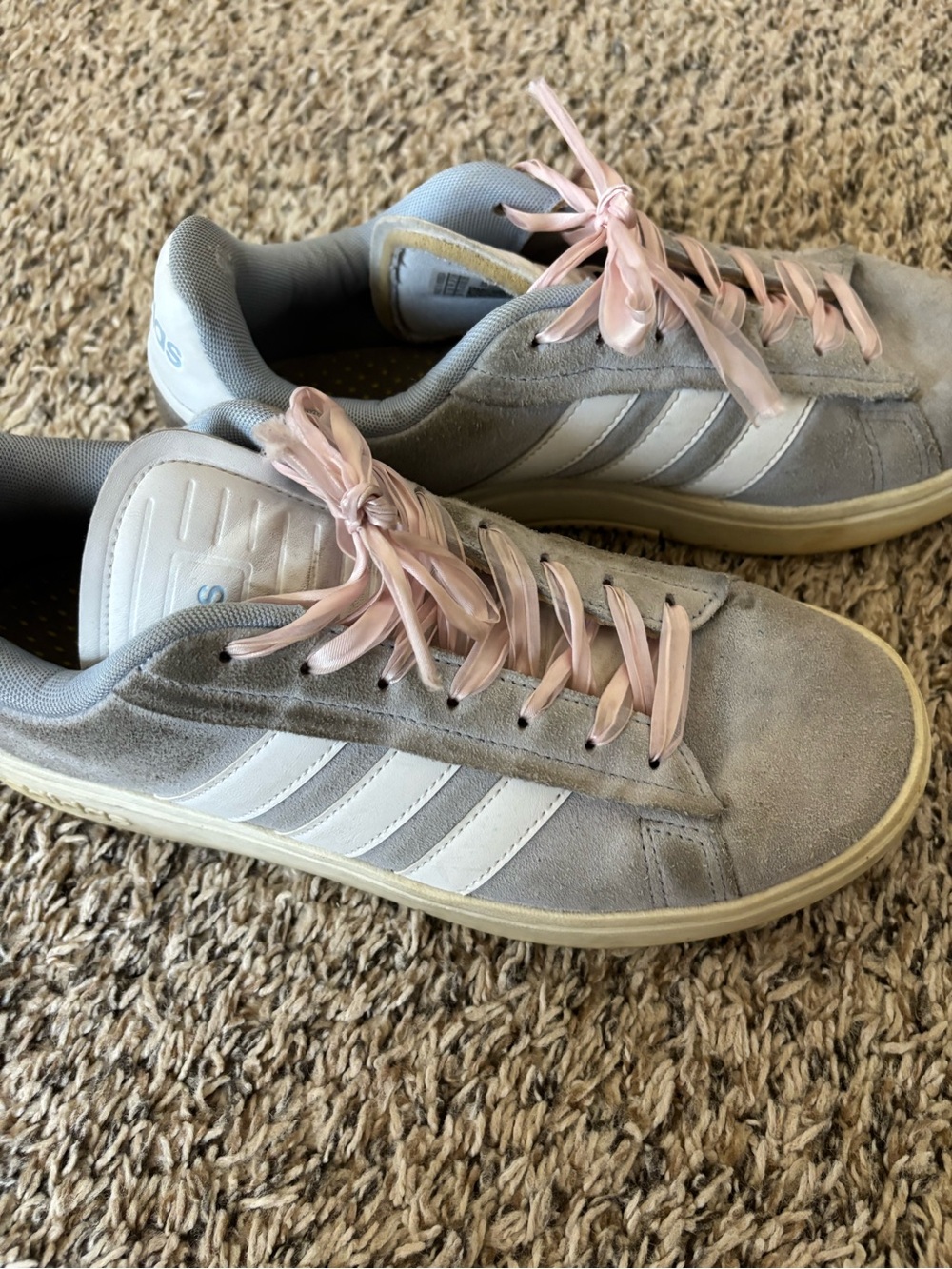 adidas Women’s Light Gray Suede Sneakers with Pink Ribbon Laces